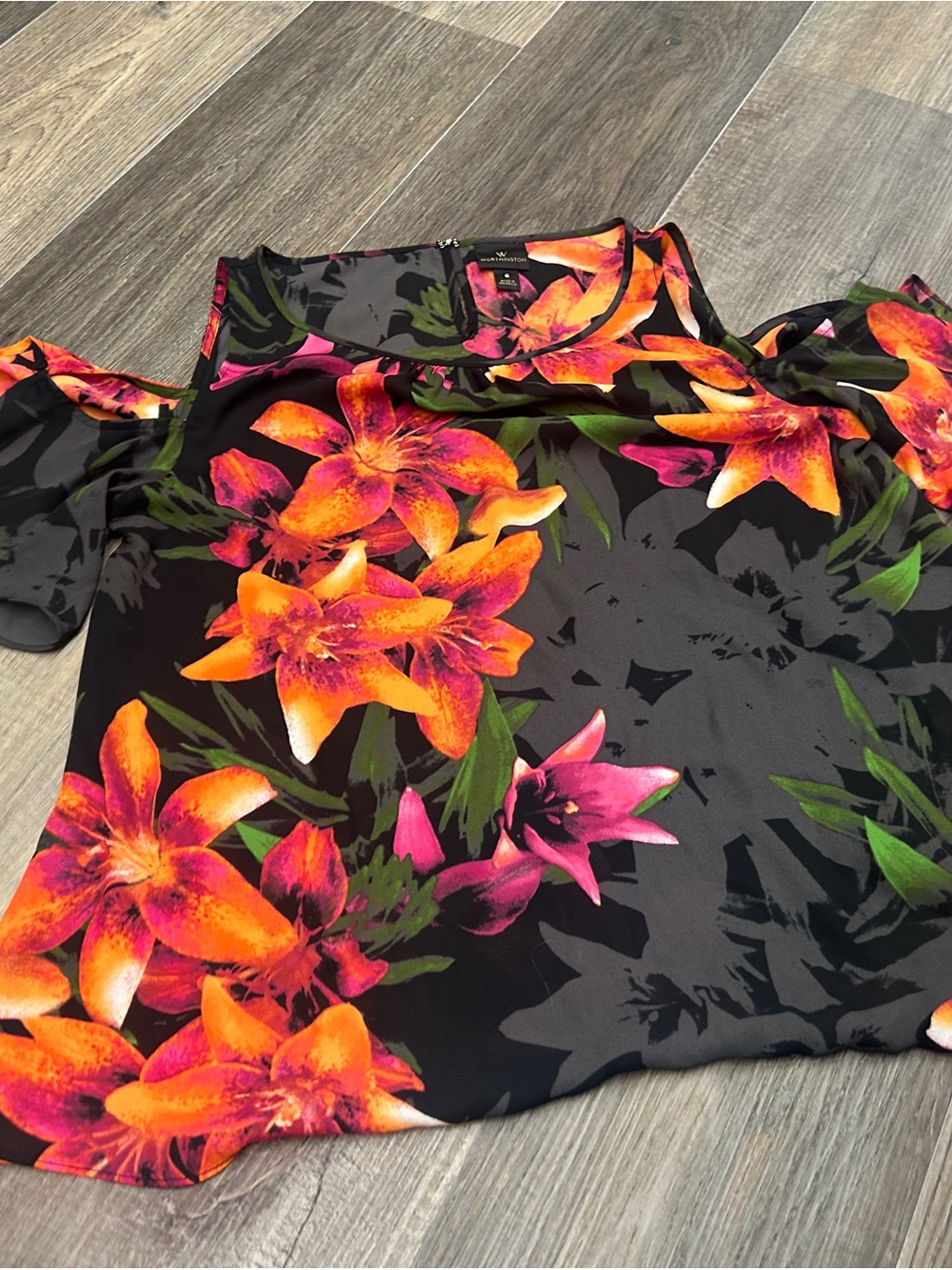 Worthington Black Off-Shoulder Blouse with Floral Print